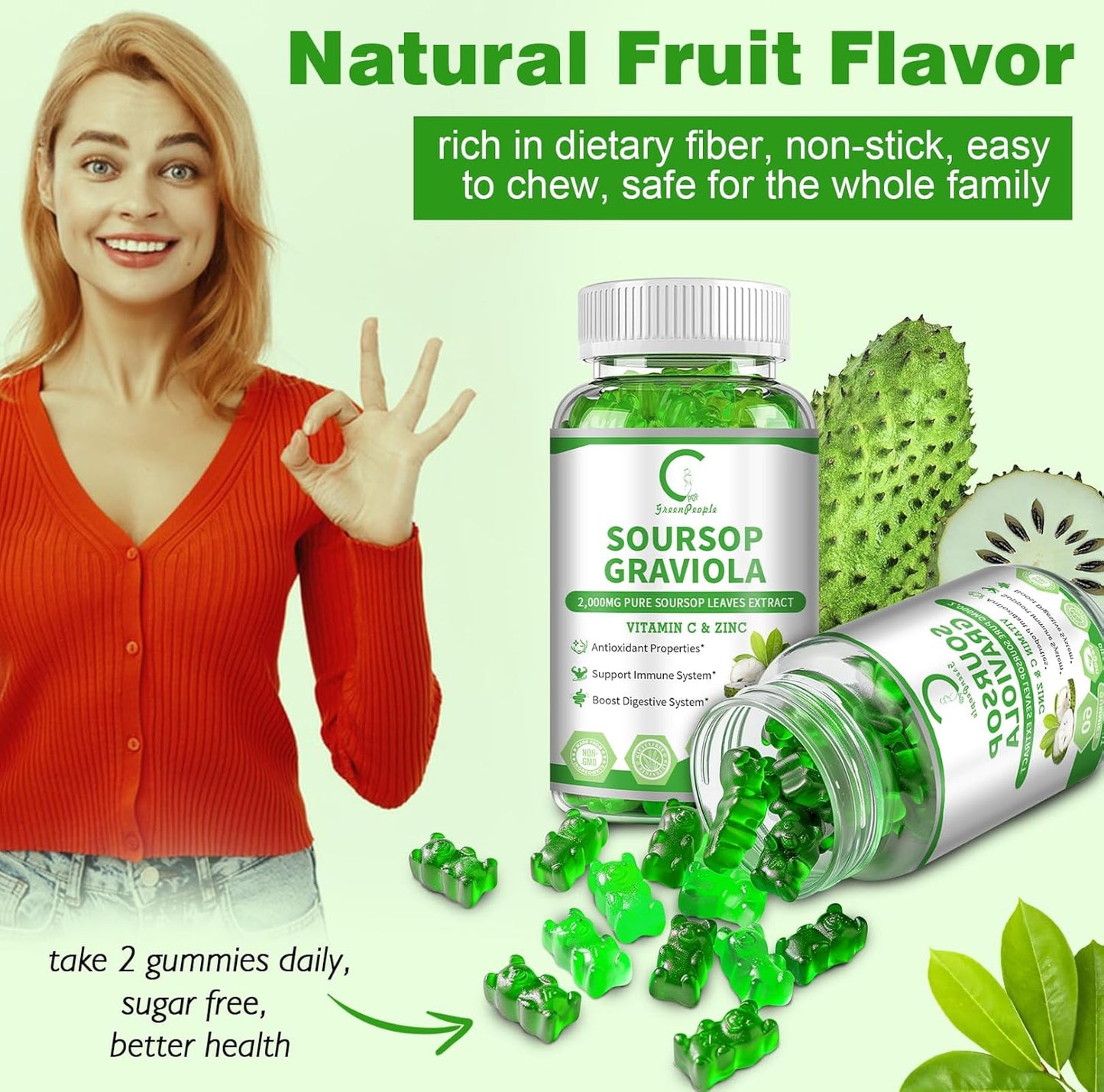 Vegan Soursop Graviola Gummies with Antioxidant Properties for Energy, Digestive & Immune Support - 60 Count