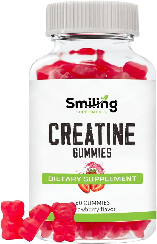 Vegan Strawberry Creatine Gummies - 3g of Creatine per Gummy, 60 Count, Smiling Supplements