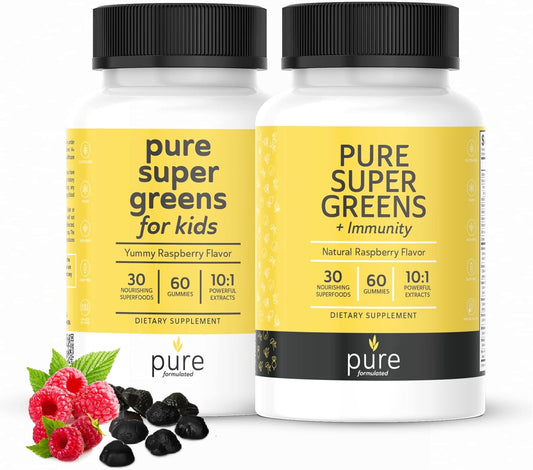 Vegan Super Greens Multivitamin Gummies with 30 Superfoods - Immune & Digestive Support - Vitamin A, B, C, E, K - Kids & Adults - 2 Bottles, 60 Count Each