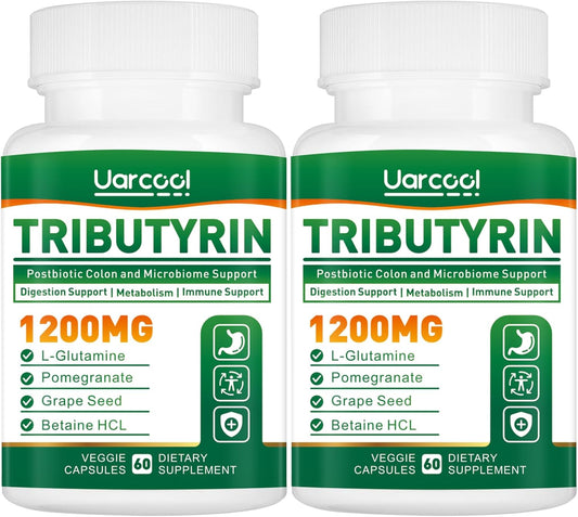 Vegan Tributyrin Supplement 1200mg for Gut Health - Butyrate Digestive, Leaky Gut, Colon Support - 60 Softgels (2 Bottles)