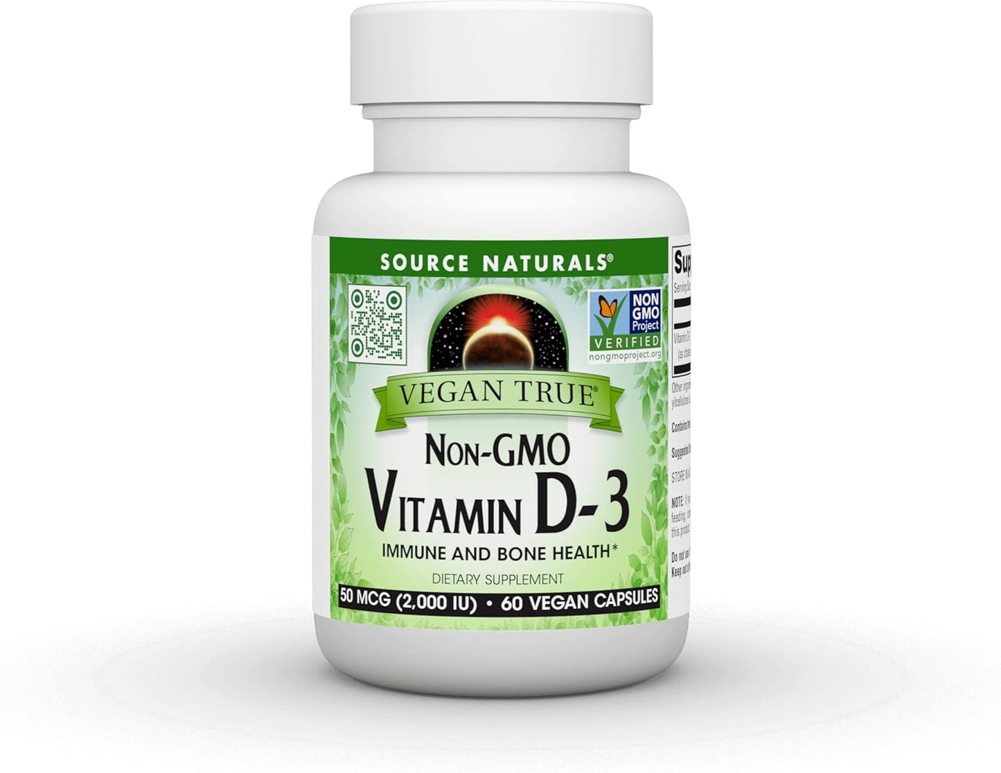 Vegan True Non-GMO Vitamin D-3 2,000 IU Capsules for Immune & Bone Health by Source Naturals