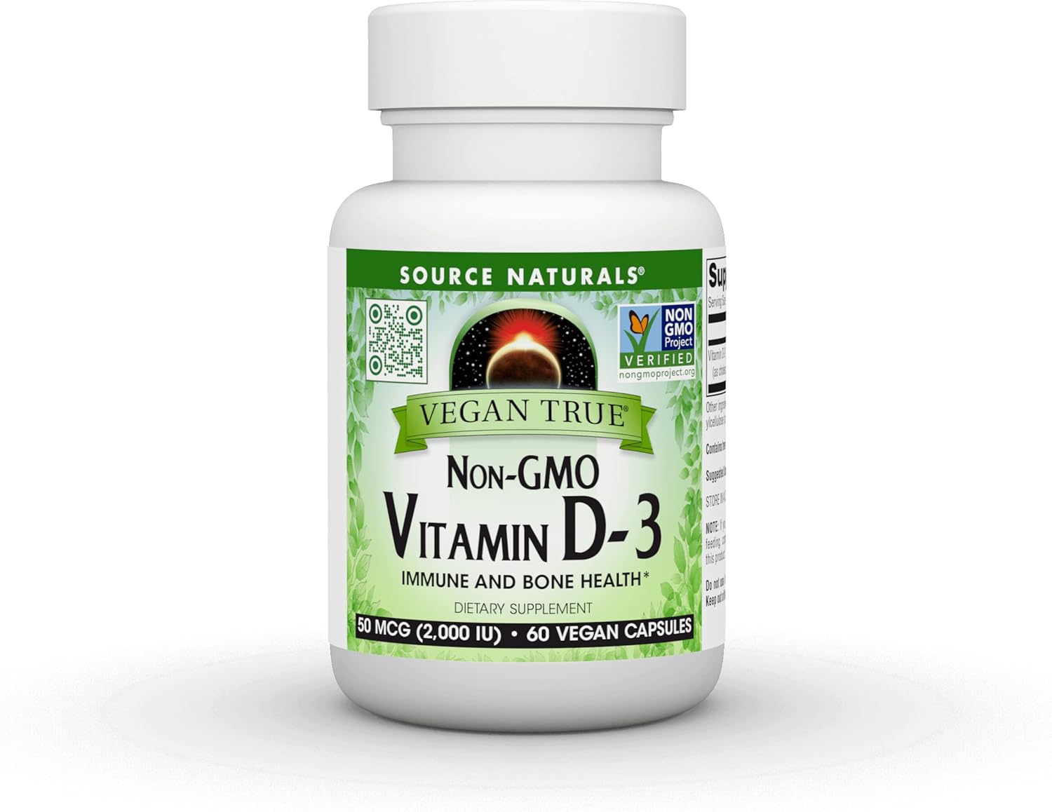 Vegan True Non-GMO Vitamin D-3 2,000 IU Capsules for Immune & Bone Health by Source Naturals