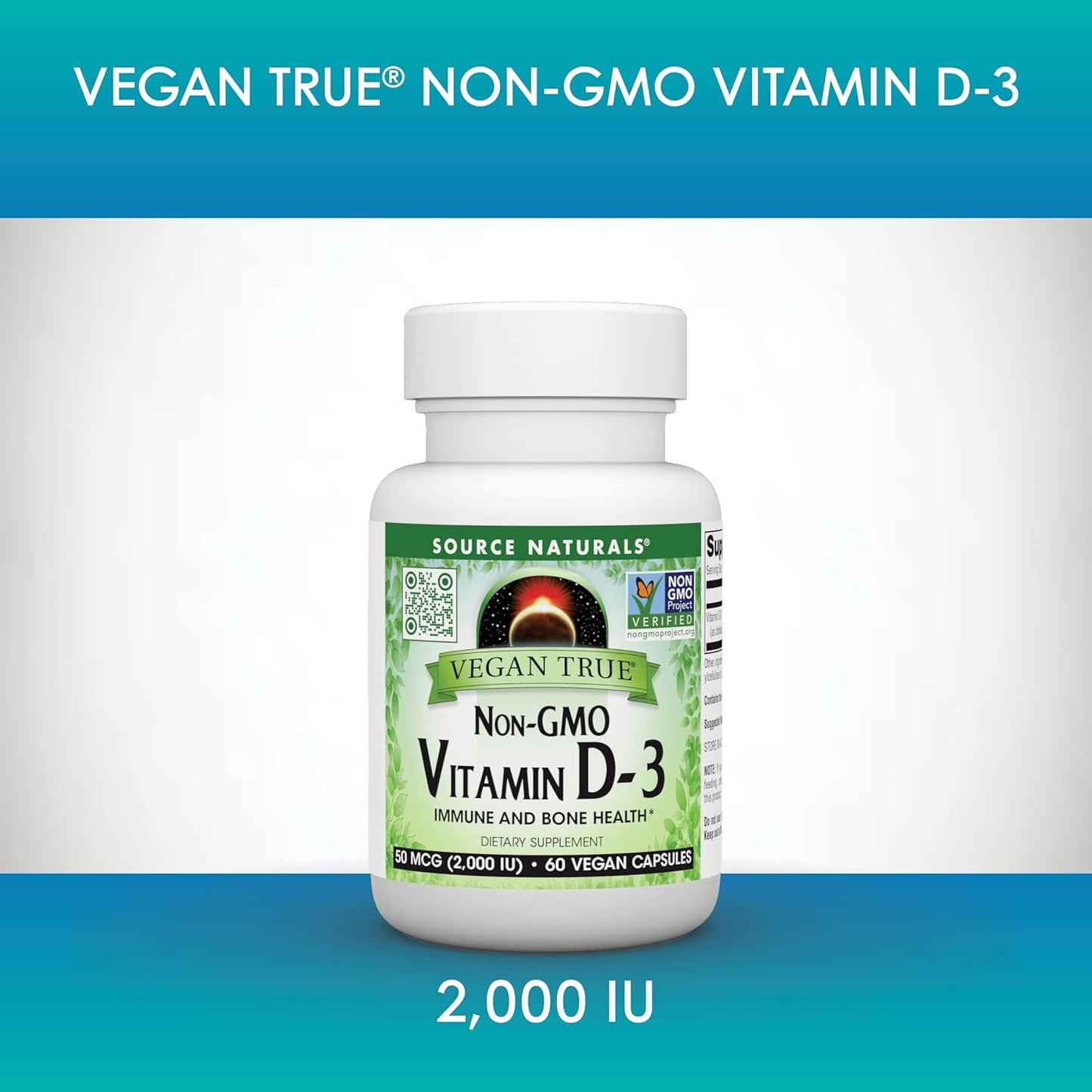 Vegan True Non-GMO Vitamin D-3 2,000 IU Capsules for Immune & Bone Health by Source Naturals