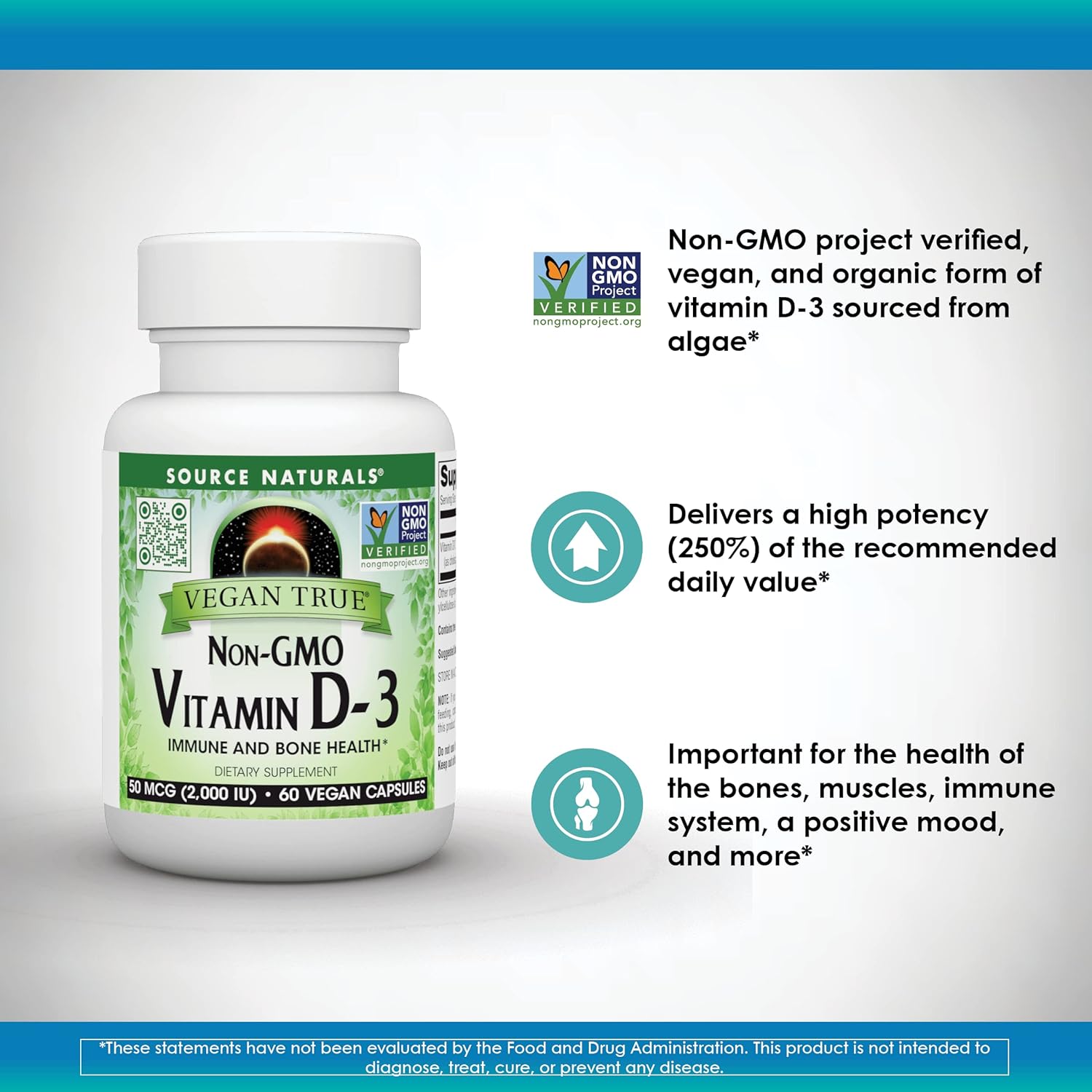 Vegan True Non-GMO Vitamin D-3 2,000 IU Capsules for Immune & Bone Health by Source Naturals