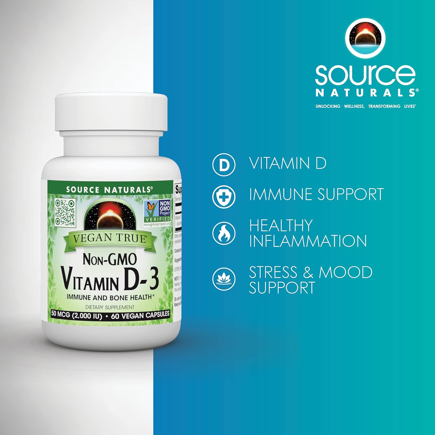 Vegan True Non-GMO Vitamin D-3 2,000 IU Capsules for Immune & Bone Health by Source Naturals