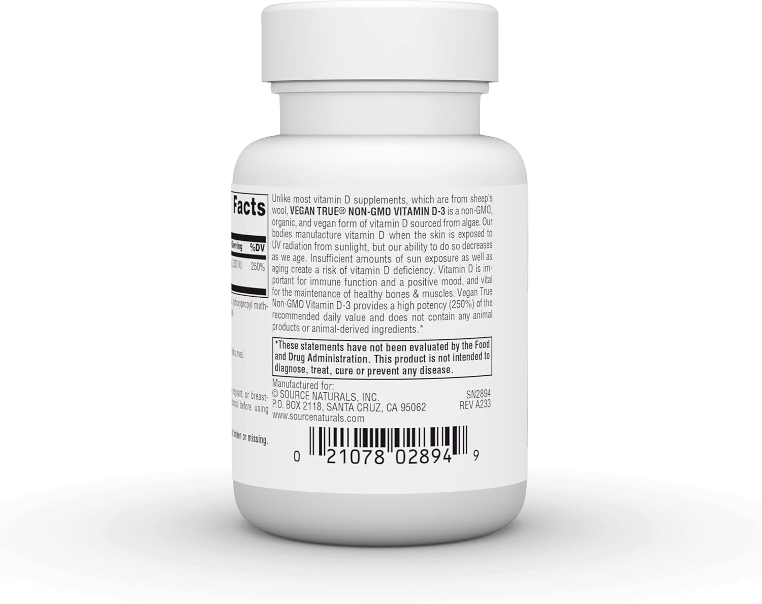 Vegan True Non-GMO Vitamin D-3 2,000 IU Capsules for Immune & Bone Health by Source Naturals
