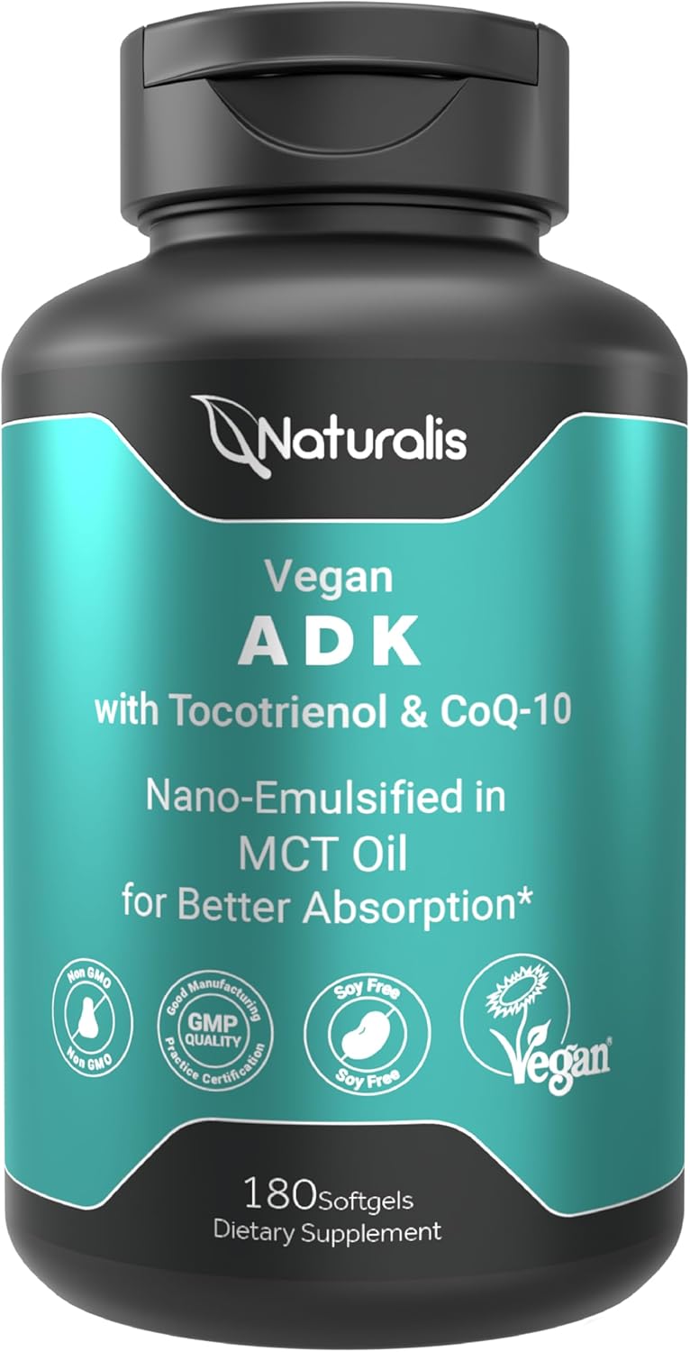 Vegan Vitamin ADK with Tocotrienol, CoQ-10, and Nano-Emulsified EVOO | Non-GMO, Soy Free | 180 Veggie Softgels