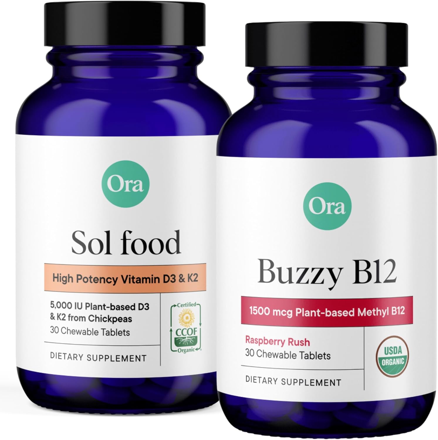 Vegan Vitamin D3 5000IU + K2 Bundle: Lichen-Based D3 & Chickpea-Based K2, 30 Chewable Tablets + Bone Health Support, 30 Tablets