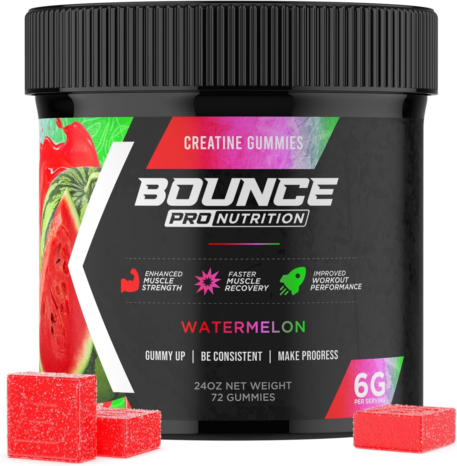 Vegan Watermelon Creatine Gummies for Men & Women, 72ct - Low Calorie, Anti-Melting, Gluten-Free, Non-GMO - 6g of Creatine per Serving