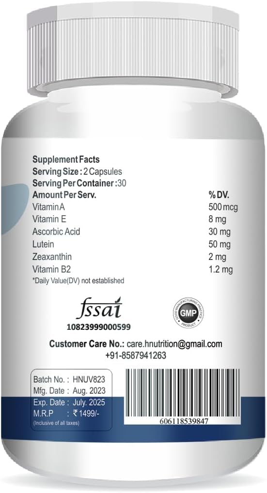Vegetarian Eye Health Supplement with Omega-3, Vitamins A, C, E, Lutein, Zeaxanthin, and B2 - 60 Capsules
