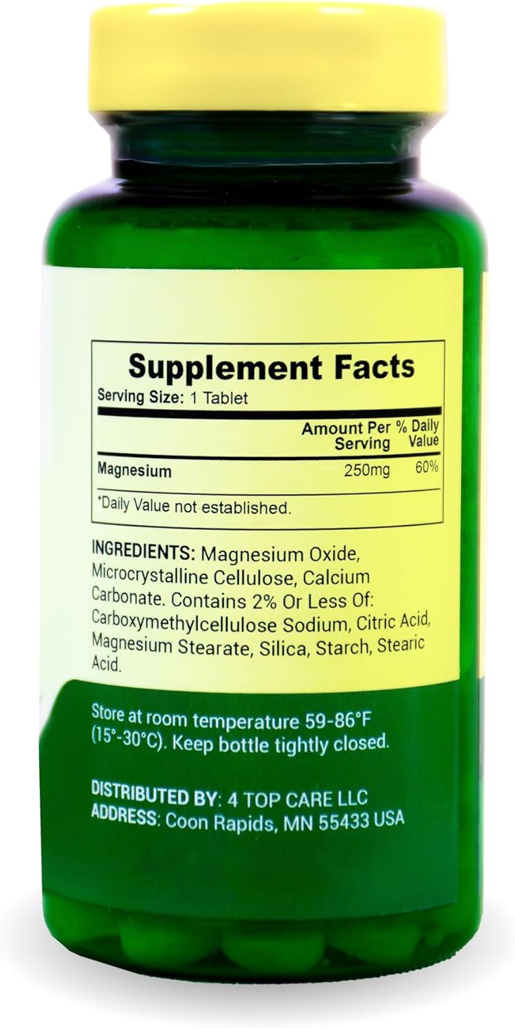 Vegetarian Magnesium Supplement Tablets for Bone and Muscle Health, 250 mg, 100 Count, Gluten-Free Formula without Sugar or Artificial Ingredients
