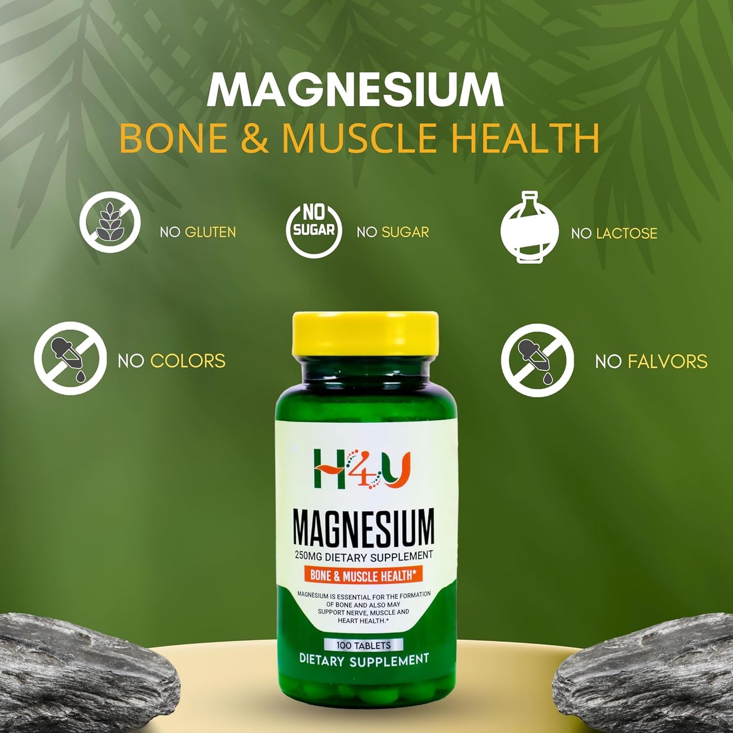 Vegetarian Magnesium Supplement Tablets for Bone and Muscle Health, 250 mg, 100 Count, Gluten-Free Formula without Sugar or Artificial Ingredients