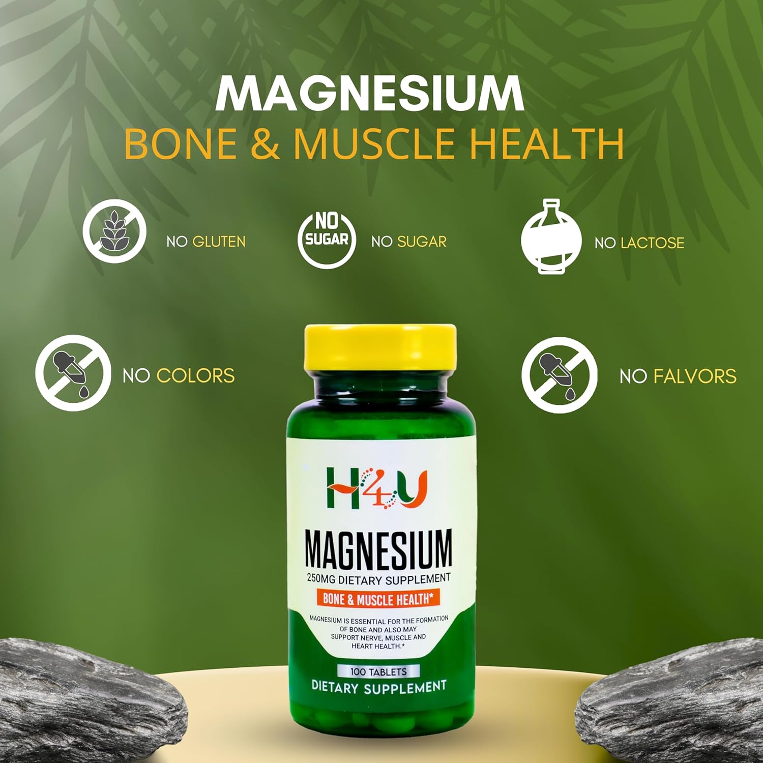Vegetarian Magnesium Supplement Tablets for Bone and Muscle Health, 250 mg, 100 Count, Gluten-Free Formula without Sugar or Artificial Ingredients