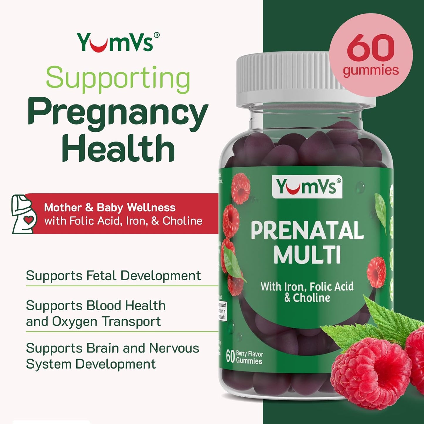 Vegetarian Prenatal Gummies with Folic Acid, Iron & Choline - 120 Count - Kosher Womens Prenatal Multivitamin