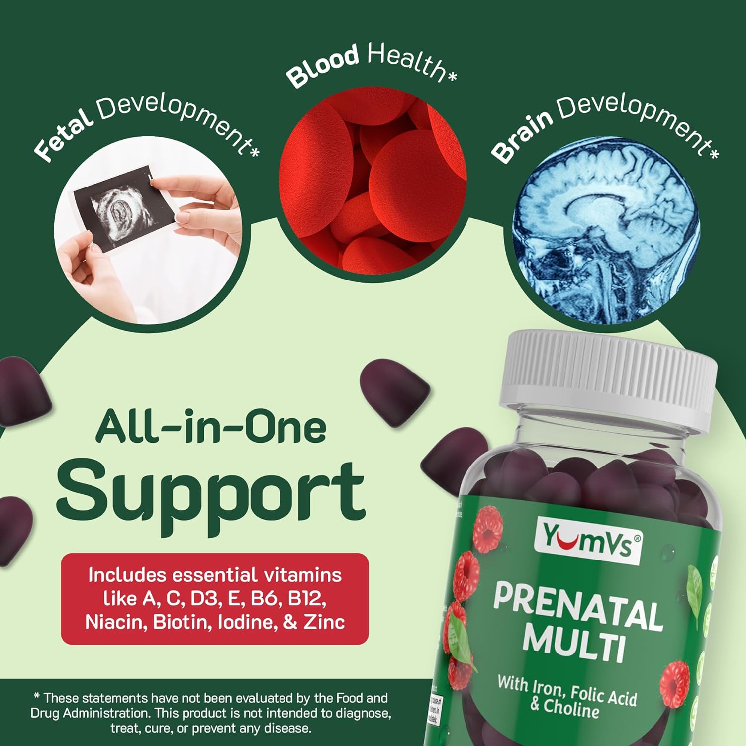Vegetarian Prenatal Gummies with Folic Acid, Iron & Choline - 120 Count - Kosher Womens Prenatal Multivitamin