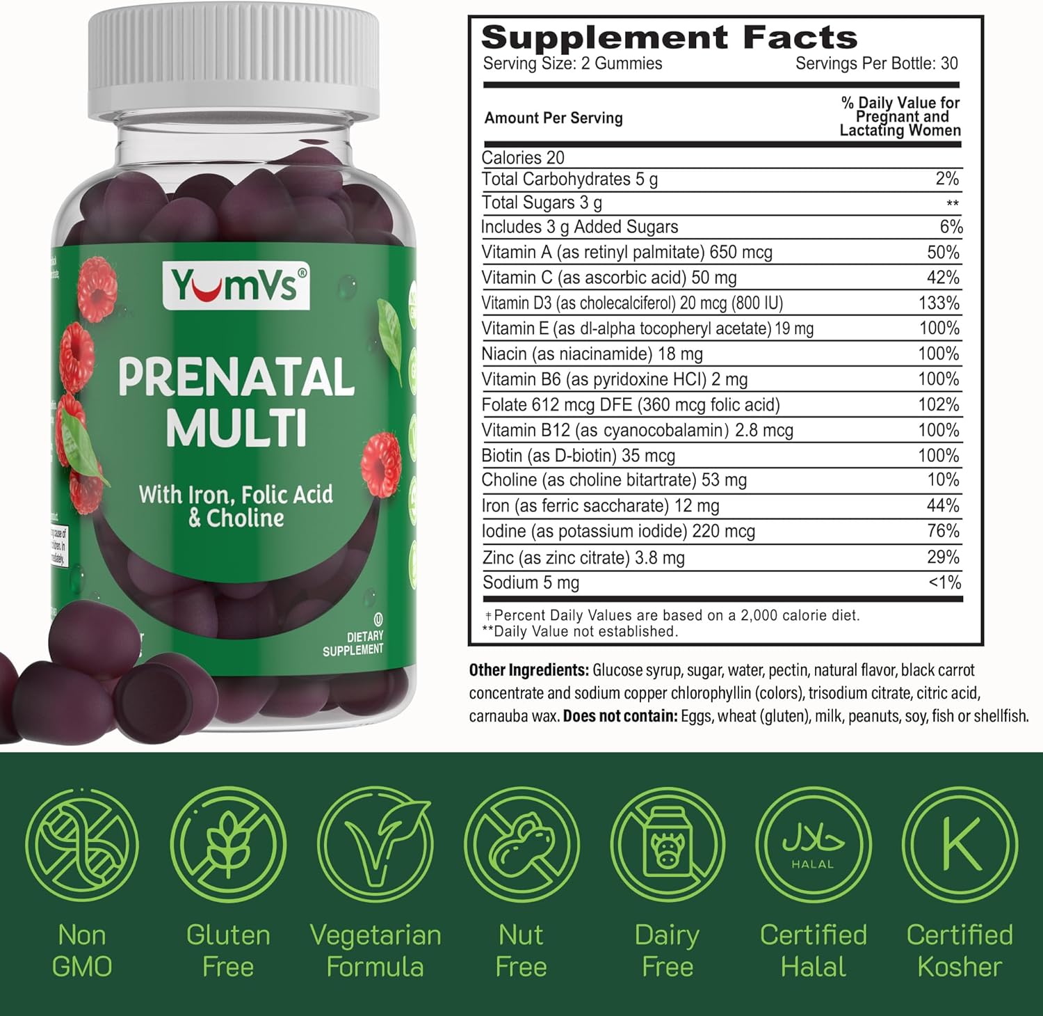 Vegetarian Prenatal Gummies with Folic Acid, Iron & Choline - 120 Count - Kosher Womens Prenatal Multivitamin