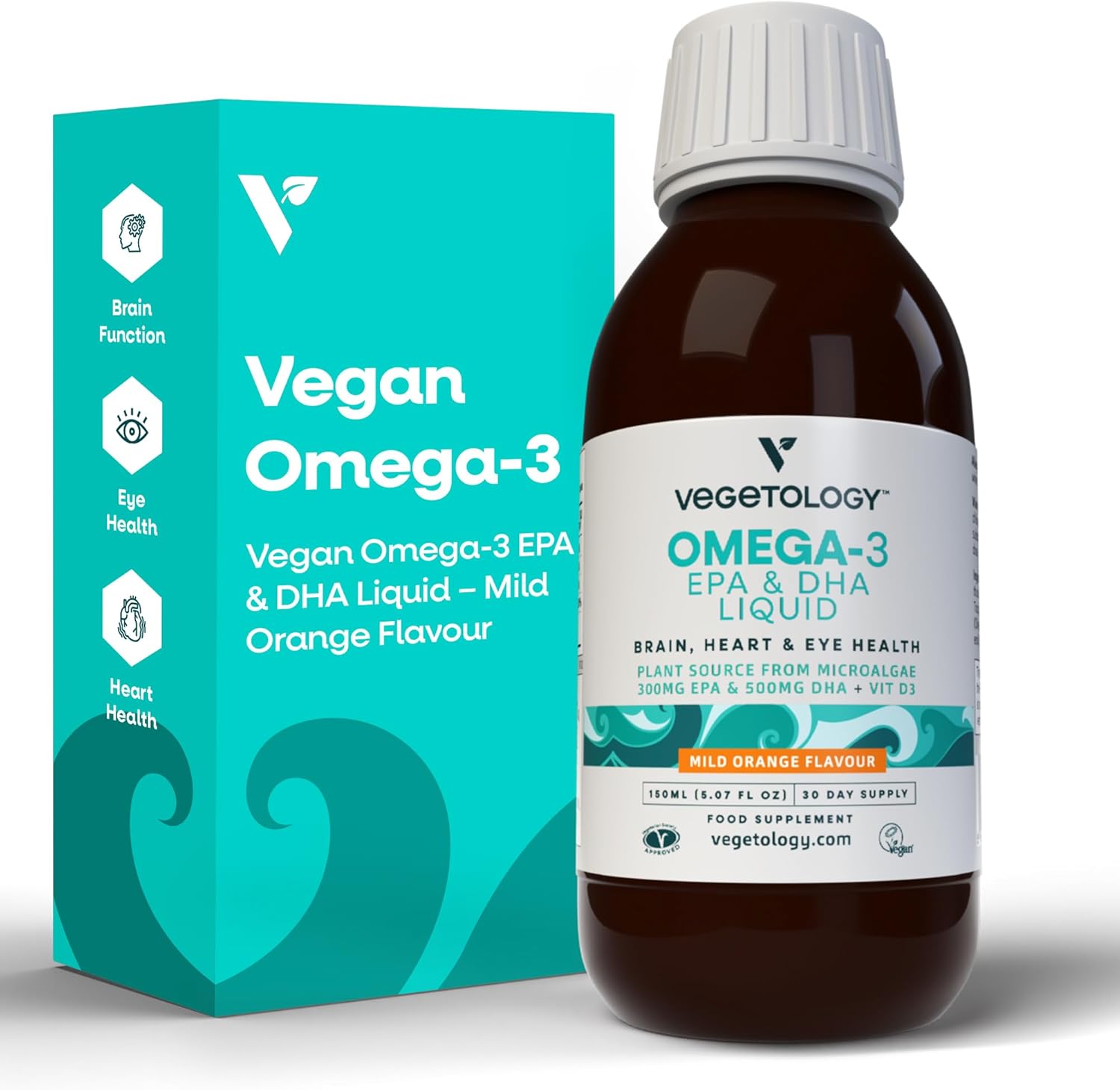 VEGETOLOGY Vegan Omega 3 Liquid with Vitamin D3 - 800mg EPA DHA - Heart, Brain, and Eye Health Support - Mild Orange Flavoured - UK Made