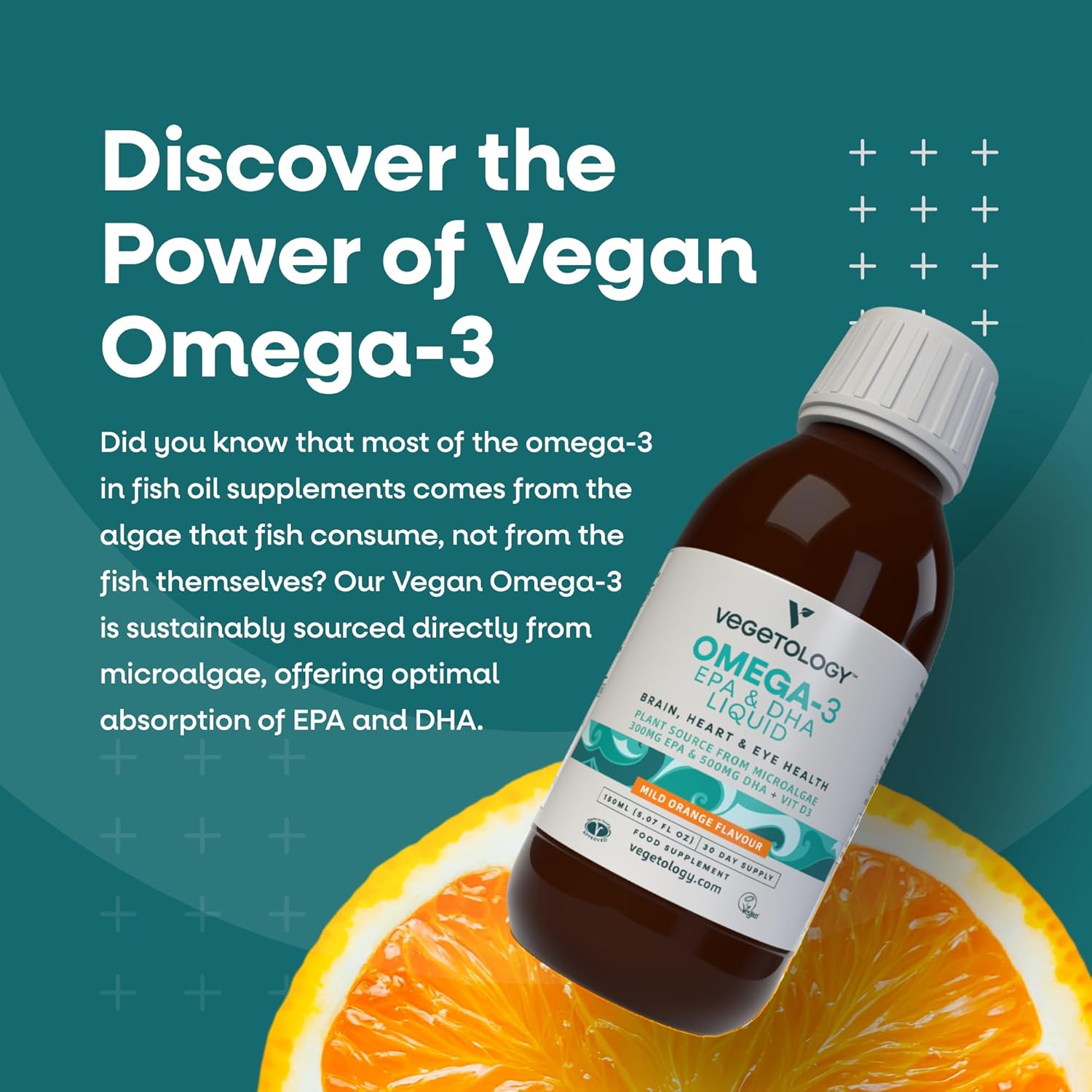 VEGETOLOGY Vegan Omega 3 Liquid with Vitamin D3 - 800mg EPA DHA - Heart, Brain, and Eye Health Support - Mild Orange Flavoured - UK Made
