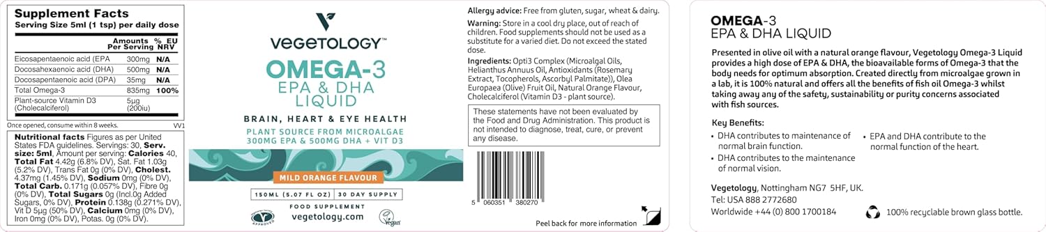 VEGETOLOGY Vegan Omega 3 Liquid with Vitamin D3 - 800mg EPA DHA - Heart, Brain, and Eye Health Support - Mild Orange Flavoured - UK Made