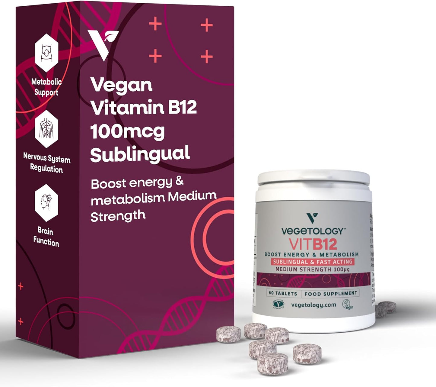 VEGETOLOGY Vegan Vitamin B12 Sublingual Energy Supplements for Metabolism & Health - 60 Tablets