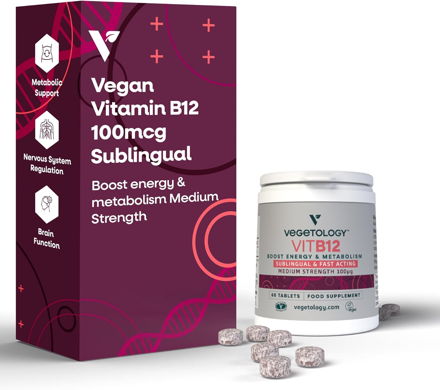 VEGETOLOGY Vegan Vitamin B12 Sublingual Energy Supplements for Metabolism & Health - 60 Tablets