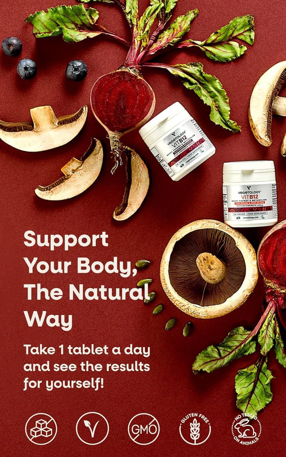 VEGETOLOGY Vegan Vitamin B12 Sublingual Energy Supplements for Metabolism & Health - 60 Tablets