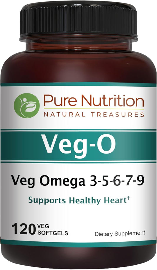 VegO Vegan Omega Supplement: 600mg Vegan Omega 3-5-6-7-9 Softgels for Heart & Brain Health - 120 Count