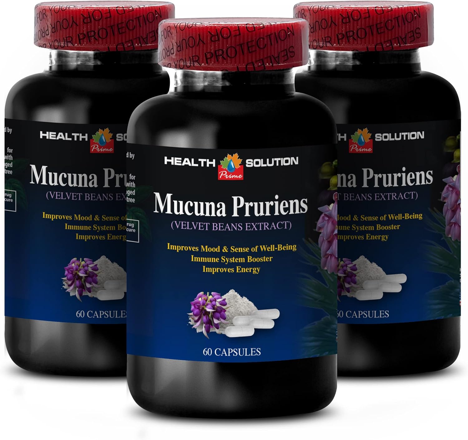 Velvet Bean Extract 350mg - Mood Enhancer & Antioxidant Supplement - Memory & Focus Booster - 3 Bottles 180 Capsules