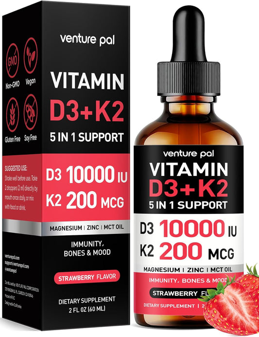 Venture Pal Vitamin D3 K2 Liquid Drops with Magnesium & Zinc - Strawberry Flavored Supplement for Bone, Mood, and Immune Health - 2 Fl Oz