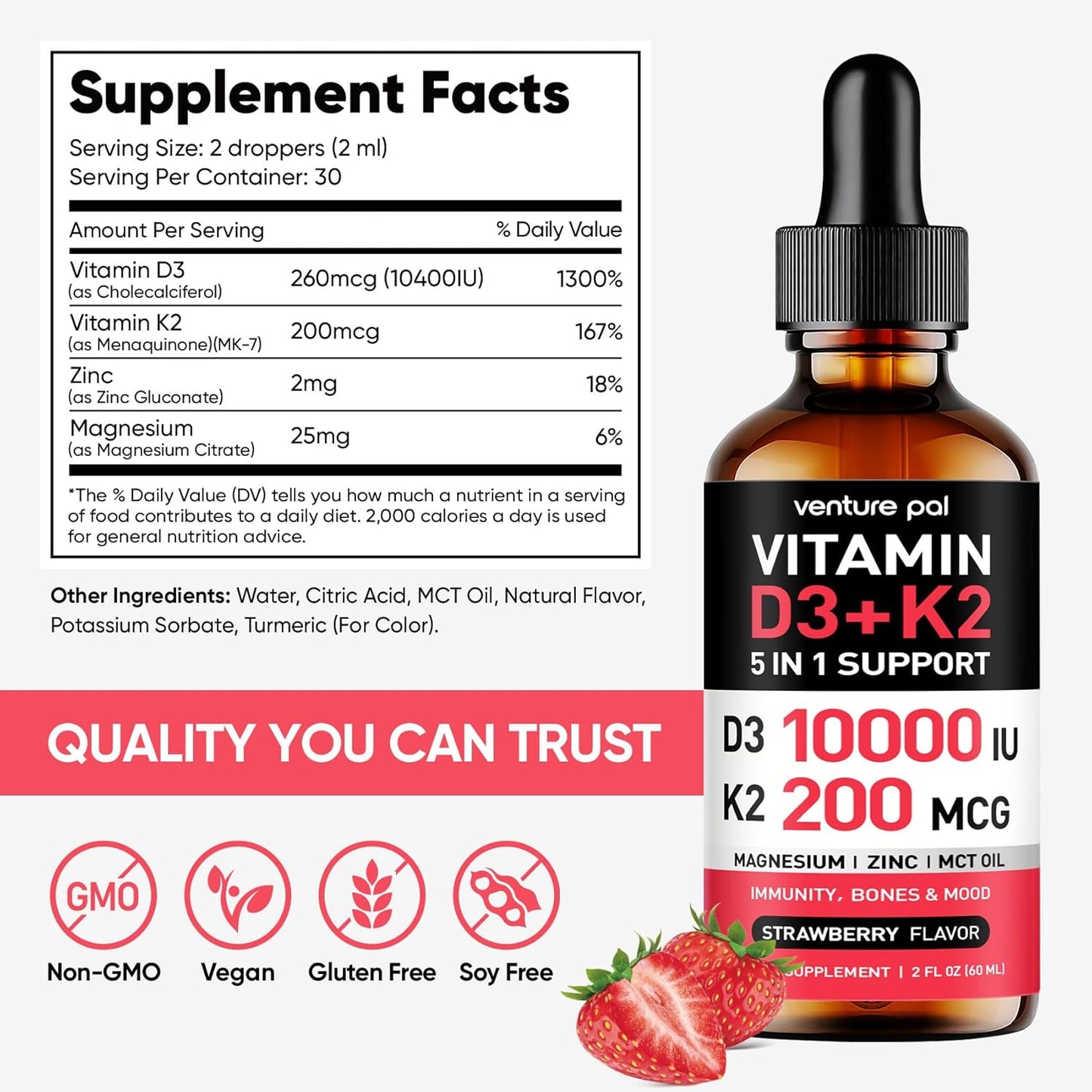 Venture Pal Vitamin D3 K2 Liquid Drops with Magnesium & Zinc - Strawberry Flavored Supplement for Bone, Mood, and Immune Health - 2 Fl Oz