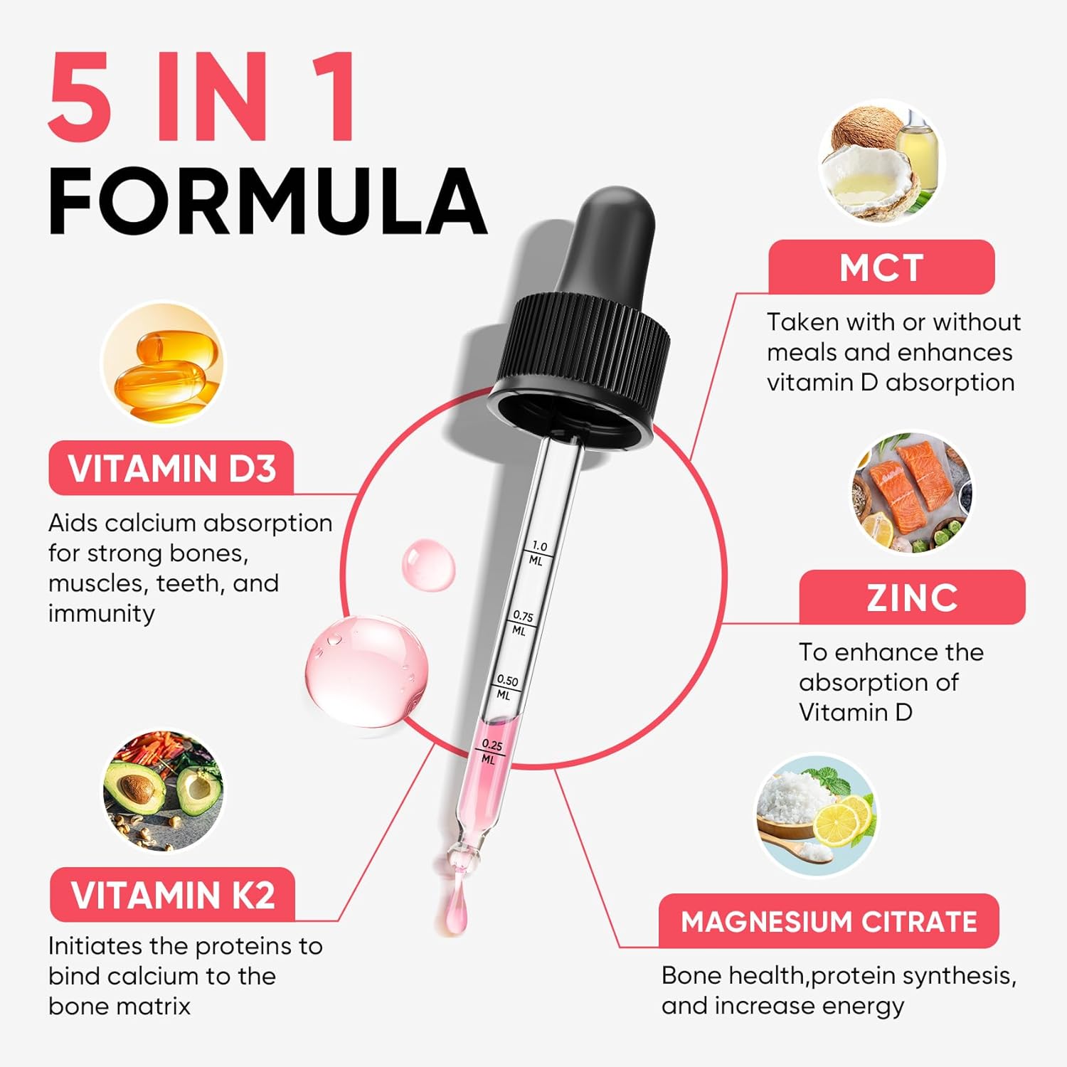 Venture Pal Vitamin D3 K2 Liquid Drops with Magnesium & Zinc - Strawberry Flavored Supplement for Bone, Mood, and Immune Health - 2 Fl Oz