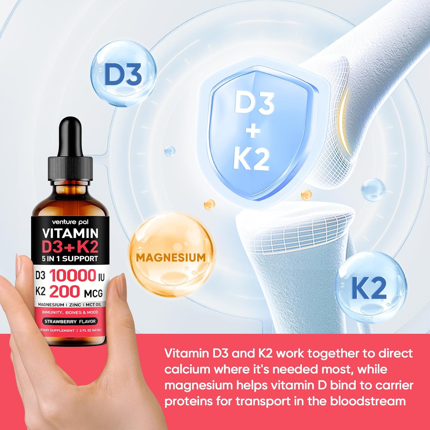Venture Pal Vitamin D3 K2 Liquid Drops with Magnesium & Zinc - Strawberry Flavored Supplement for Bone, Mood, and Immune Health - 2 Fl Oz