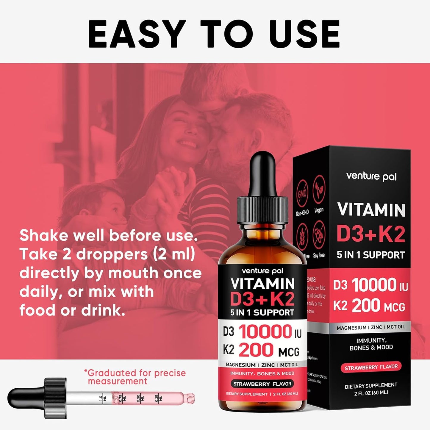 Venture Pal Vitamin D3 K2 Liquid Drops with Magnesium & Zinc - Strawberry Flavored Supplement for Bone, Mood, and Immune Health - 2 Fl Oz