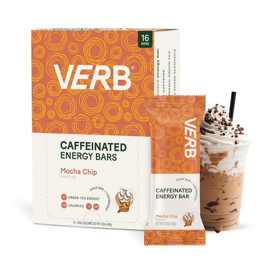 Verb Energy Bars - Mocha Chip Caffeinated Snack Bars, 110 Calories, Low Sugar, Organic Green Tea - Pack of 16
