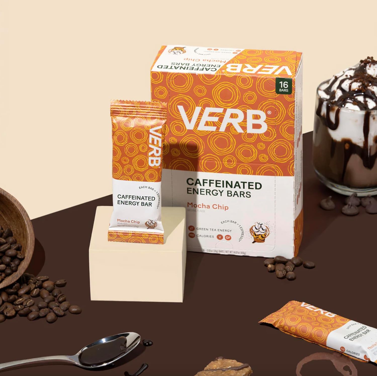 Verb Energy Bars - Mocha Chip Caffeinated Snack Bars, 110 Calories, Low Sugar, Organic Green Tea - Pack of 16