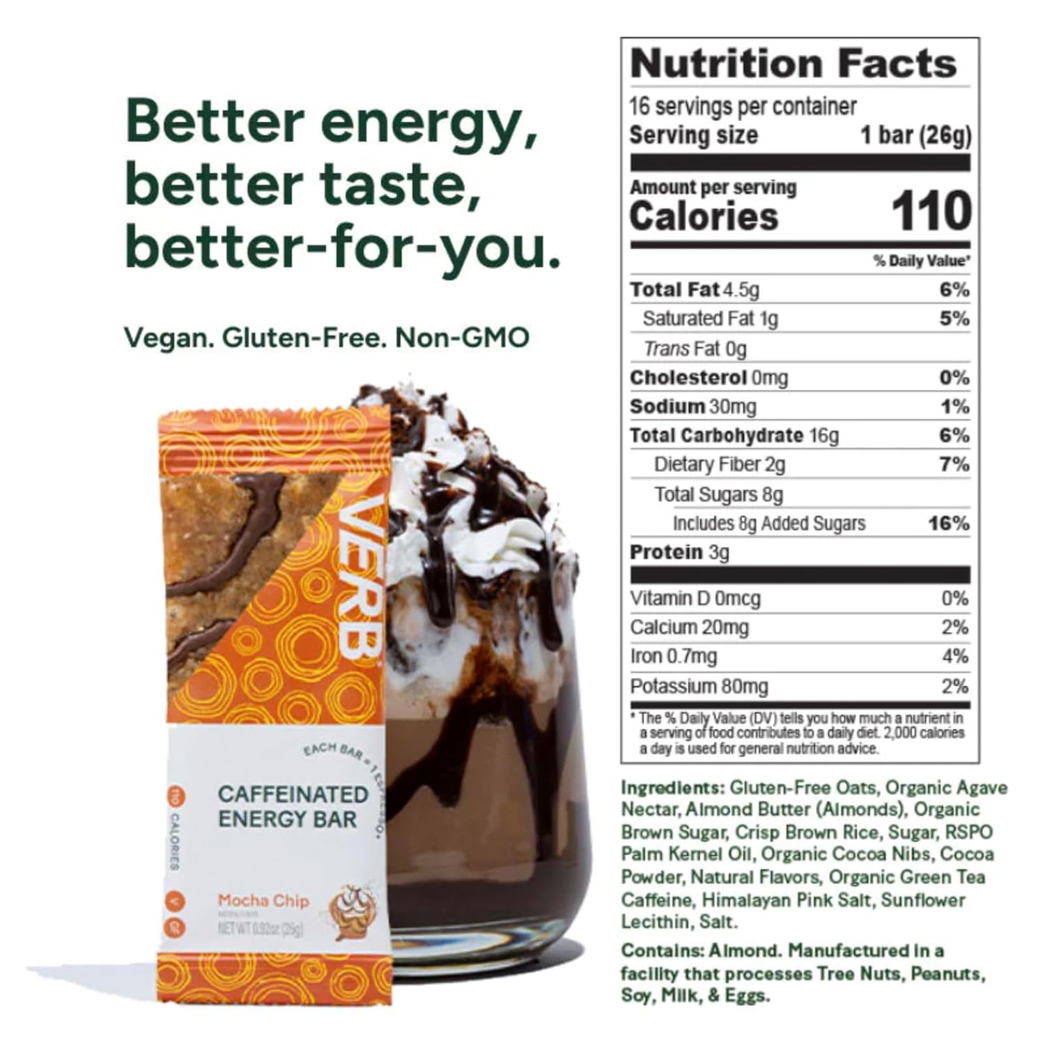 Verb Energy Bars - Mocha Chip Caffeinated Snack Bars, 110 Calories, Low Sugar, Organic Green Tea - Pack of 16