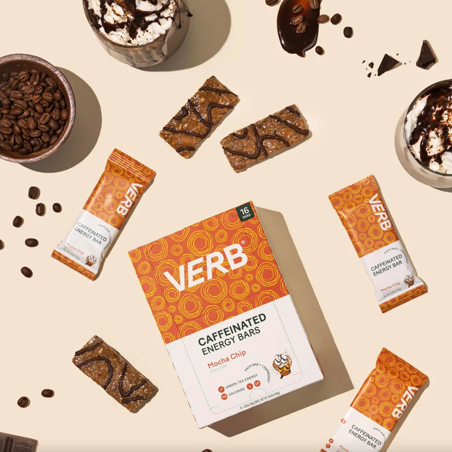 Verb Energy Bars - Mocha Chip Caffeinated Snack Bars, 110 Calories, Low Sugar, Organic Green Tea - Pack of 16