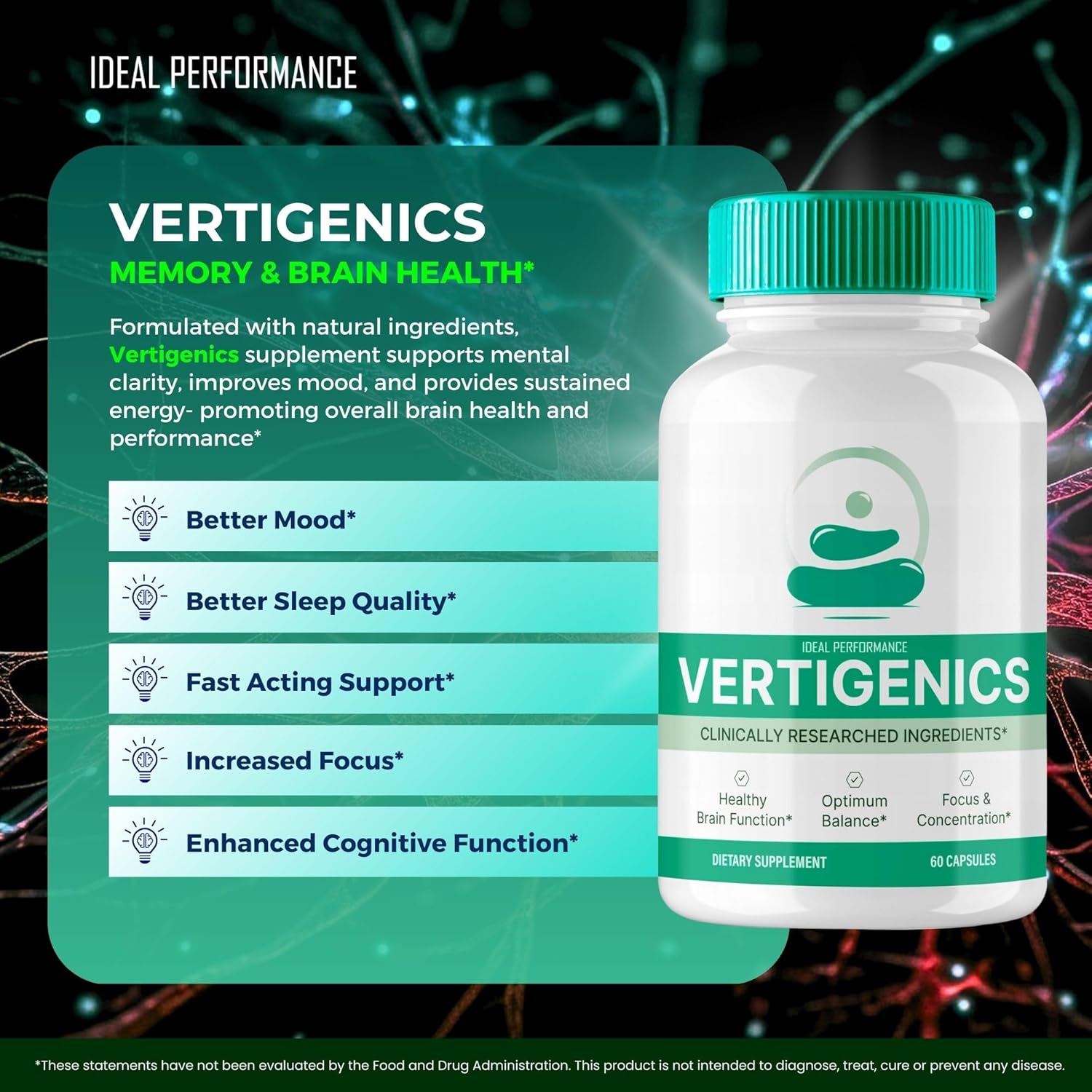 Vertigenics Brain Supplements for Memory and Focus - Advanced Formula for Maximum Brain Health Support - Nootropic Capsules for Natural Cognitive Boost - Pack of 3