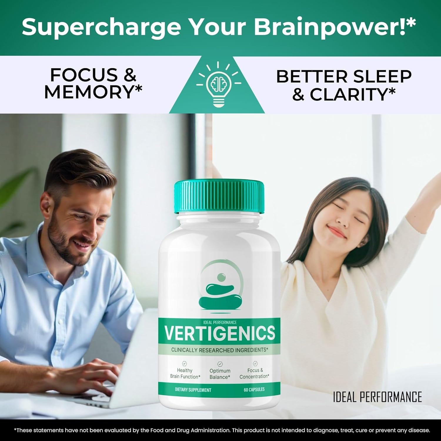 Vertigenics Brain Supplements for Memory and Focus - Advanced Formula for Maximum Brain Health Support - Nootropic Capsules for Natural Cognitive Boost - Pack of 3