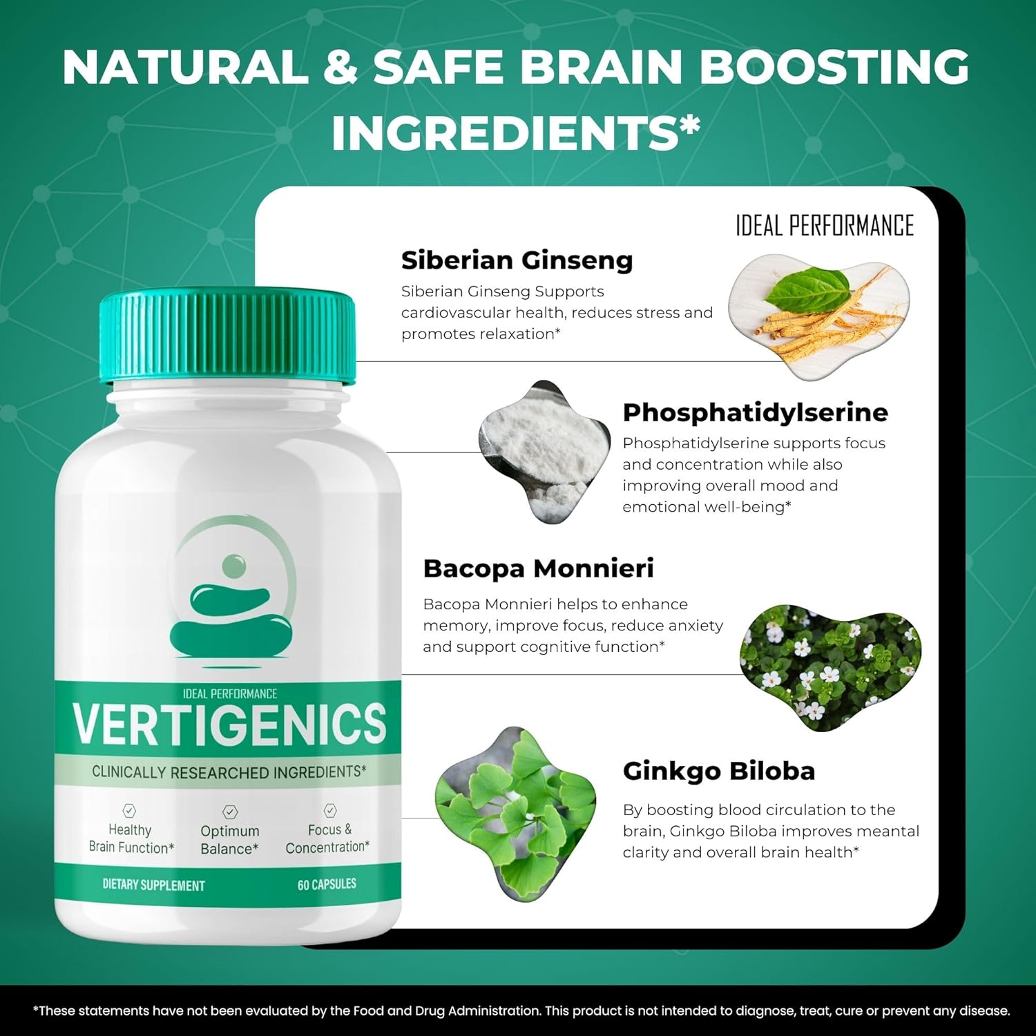 Vertigenics Brain Supplements for Memory and Focus - Advanced Formula for Maximum Brain Health Support - Nootropic Capsules for Natural Cognitive Boost - Pack of 3