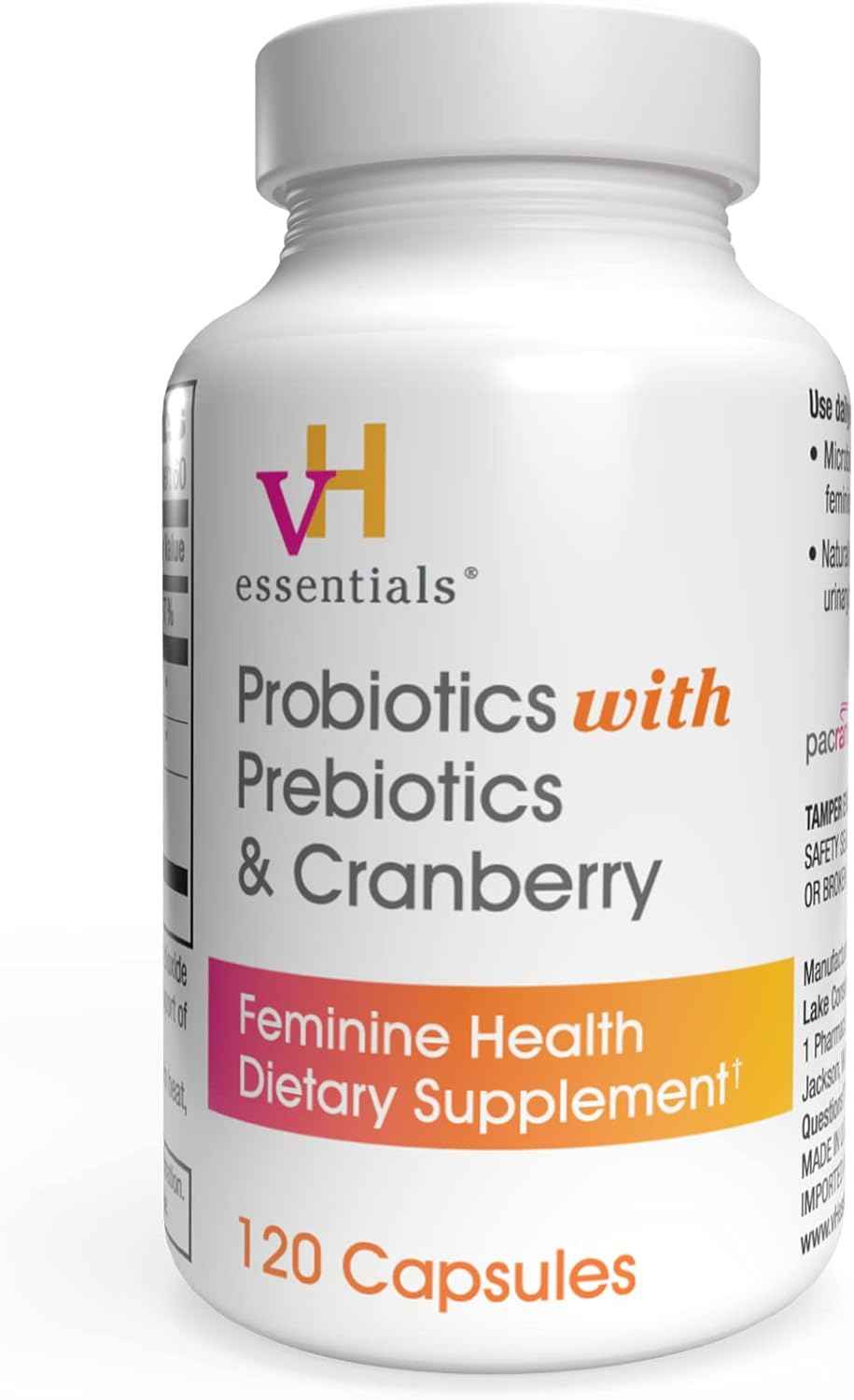 vH essentials Probiotics with Prebiotics and Cranberry Feminine Health Supplement - 120 Capsules and OLLY Women's Multivitamin Gummy, Berry, 90 Count Bundle