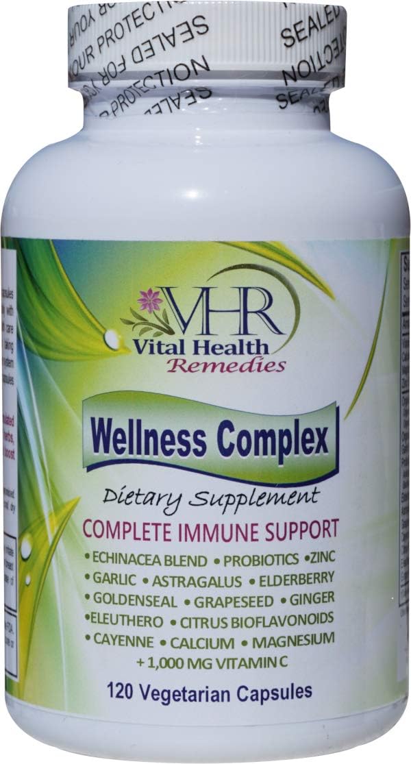 VHR Wellness Complex Immune Boosting Formula with Echinacea, Goldenseal, Garlic, Probiotics, and More - 120 Veg Caps for Vital Health
