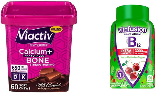 Viactiv Calcium + Vitamin D3 Soft Chews & Vitafusion Extra Strength B12 Gummies Bundle