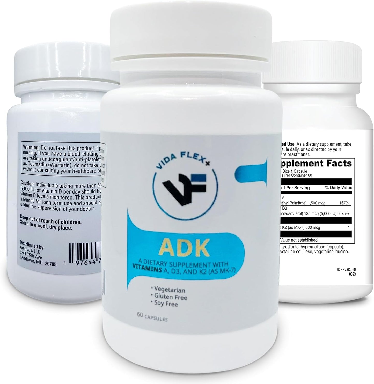 Vida Flex+ ADK - Bone, Heart, and Immune Support Dietary Supplement - Vitamin A, D3, K2 - Gluten and Soy-Free - 60 Capsules
