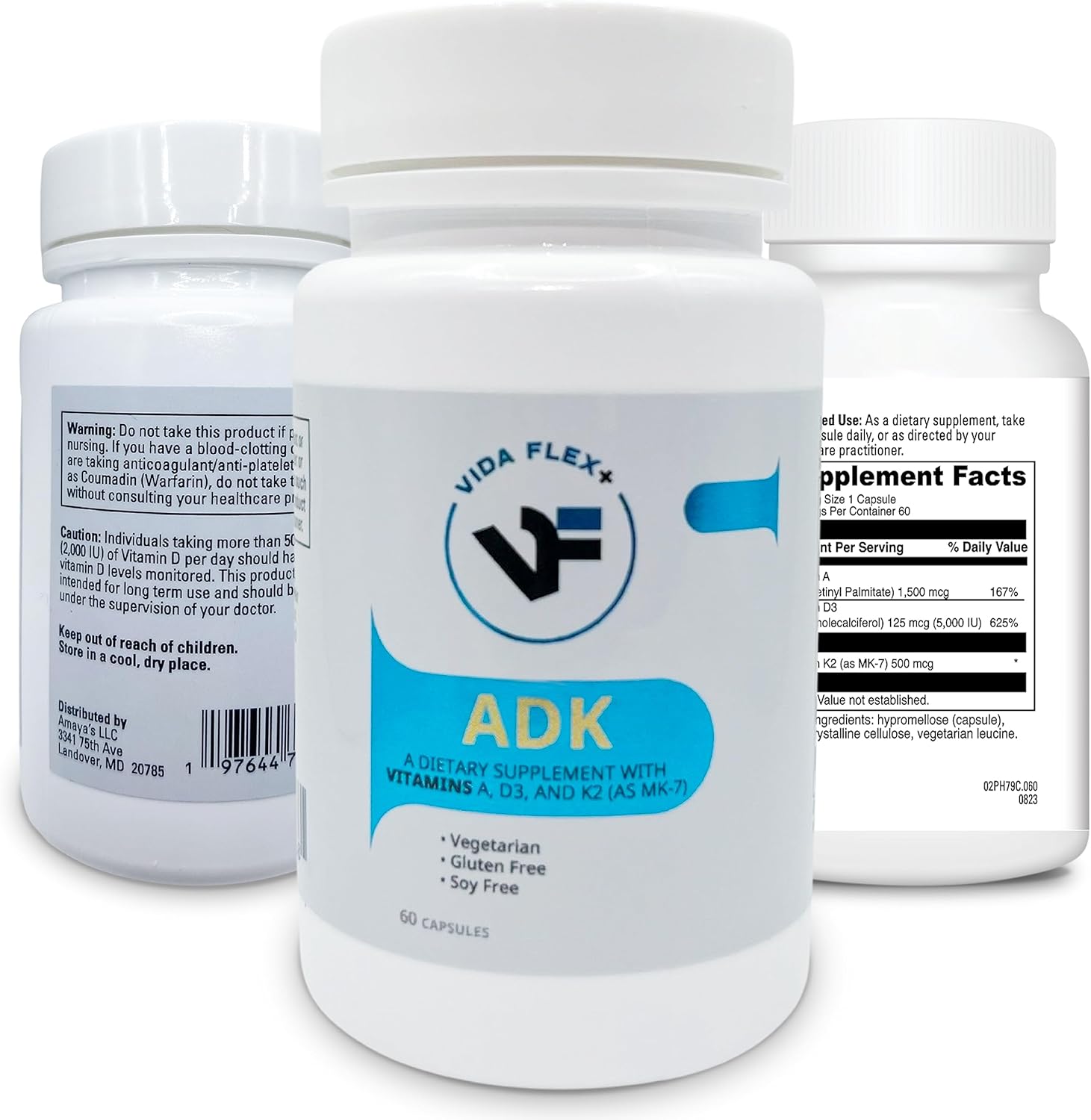 Vida Flex+ ADK - Bone, Heart, and Immune Support Dietary Supplement - Vitamin A, D3, K2 - Gluten and Soy-Free - 60 Capsules