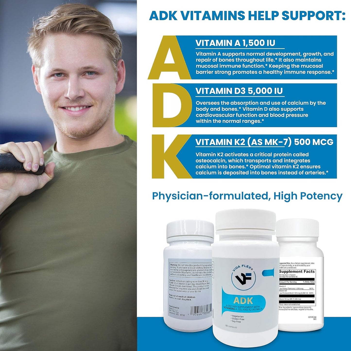 Vida Flex+ ADK - Bone, Heart, and Immune Support Dietary Supplement - Vitamin A, D3, K2 - Gluten and Soy-Free - 60 Capsules