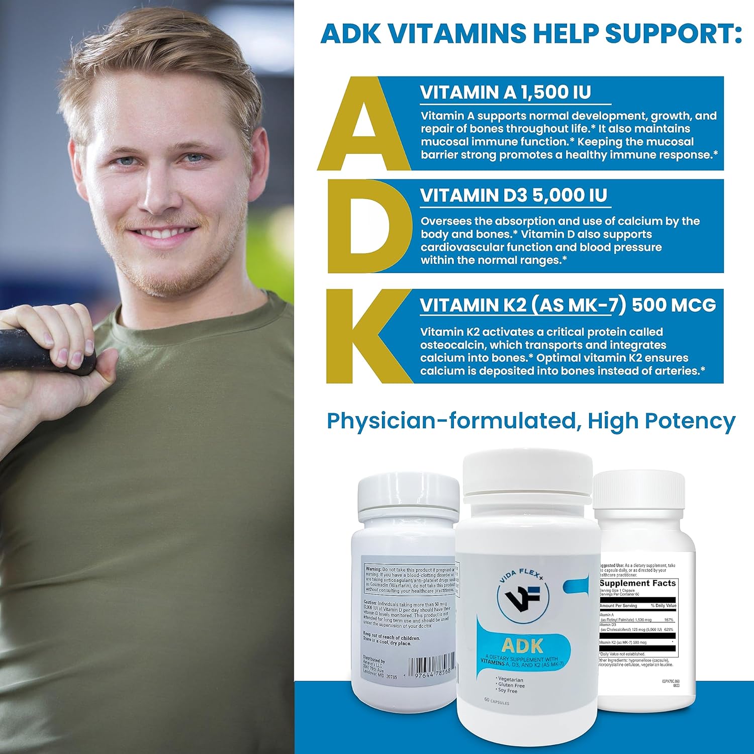 Vida Flex+ ADK - Bone, Heart, and Immune Support Dietary Supplement - Vitamin A, D3, K2 - Gluten and Soy-Free - 60 Capsules