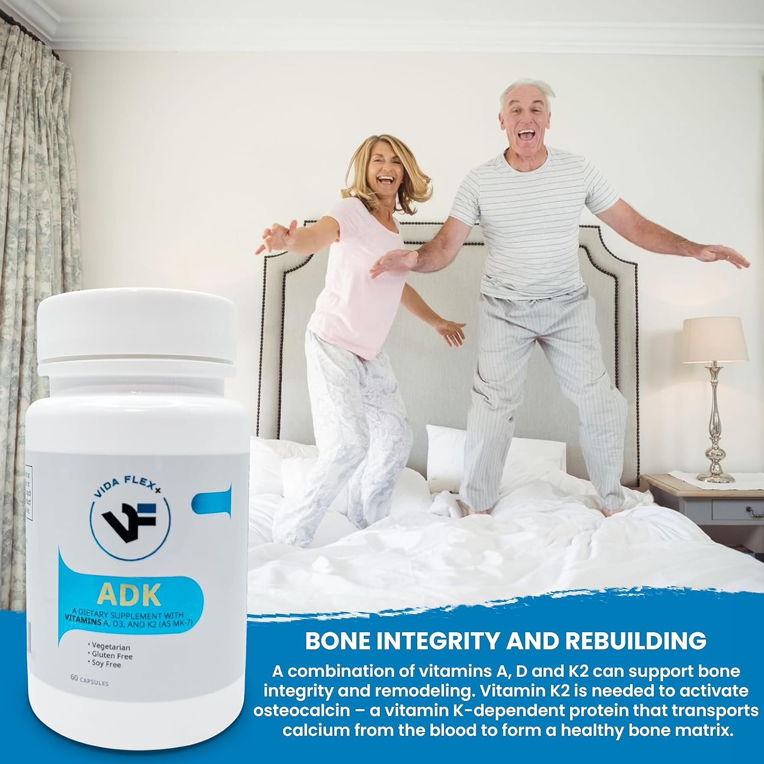Vida Flex+ ADK - Bone, Heart, and Immune Support Dietary Supplement - Vitamin A, D3, K2 - Gluten and Soy-Free - 60 Capsules