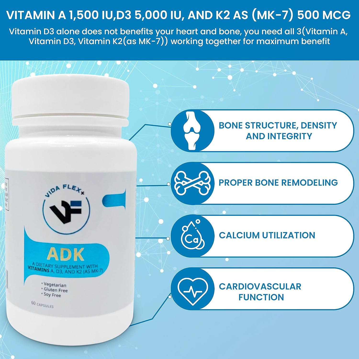 Vida Flex+ ADK - Bone, Heart, and Immune Support Dietary Supplement - Vitamin A, D3, K2 - Gluten and Soy-Free - 60 Capsules