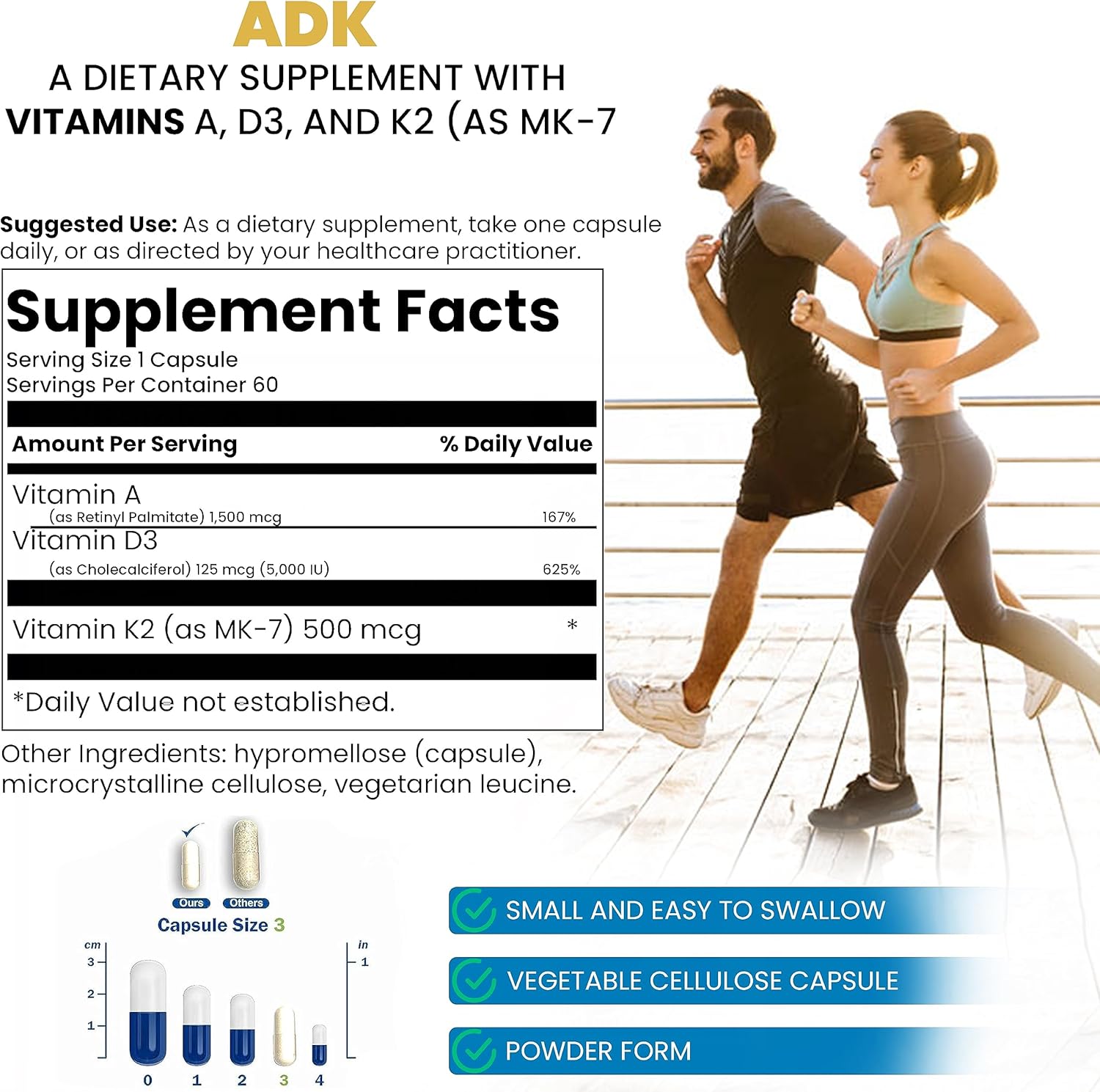Vida Flex+ ADK - Bone, Heart, and Immune Support Dietary Supplement - Vitamin A, D3, K2 - Gluten and Soy-Free - 60 Capsules